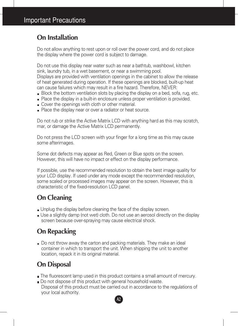 On installation, On cleaning, On repacking | On disposal, Important precautions on installation | LG L1717S User Manual | Page 3 / 20