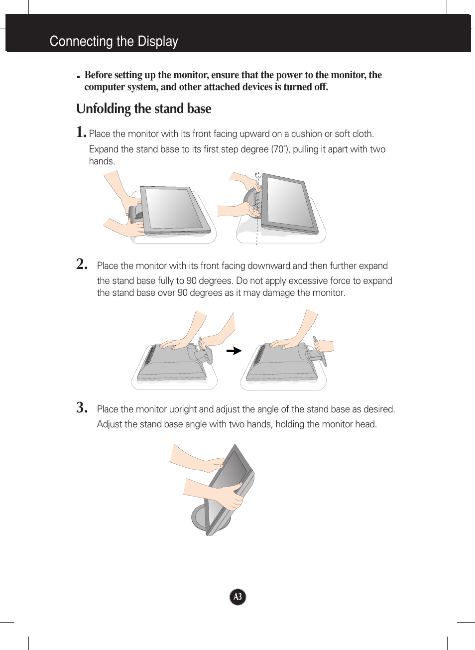 Connecting the display, Unfolding the stand base | LG L1717S User Manual | Page 4 / 20
