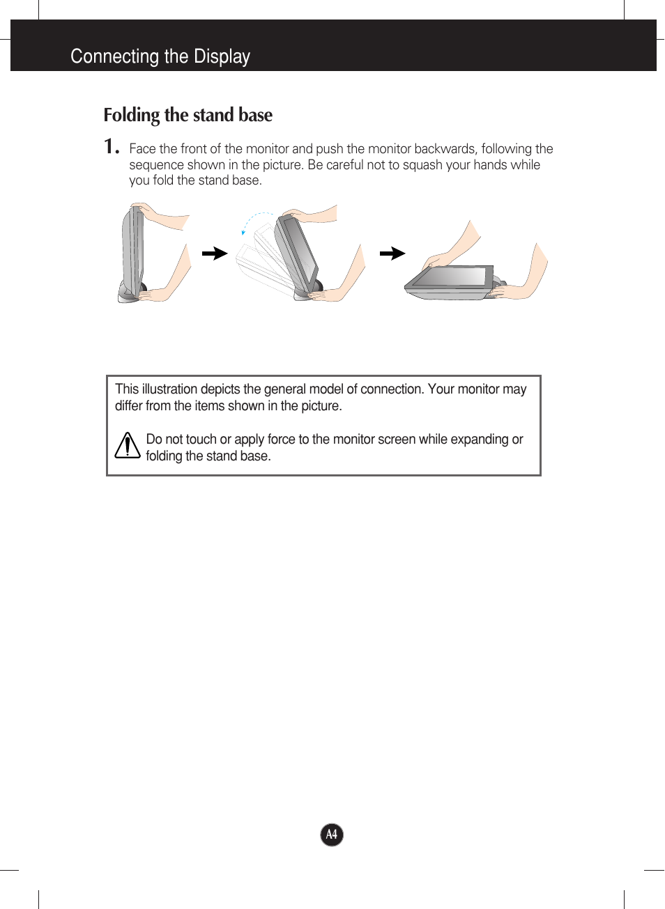 Folding the stand base, Connecting the display folding the stand base | LG L1717S User Manual | Page 5 / 20