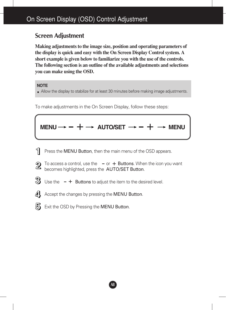 On screen display (osd) control adjustment, Screen adjustment | LG L1717S User Manual | Page 9 / 20