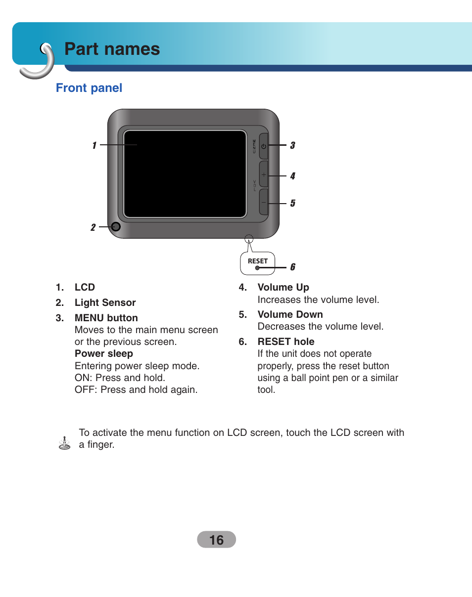Part names, Front panel | LG LN740 User Manual | Page 16 / 82
