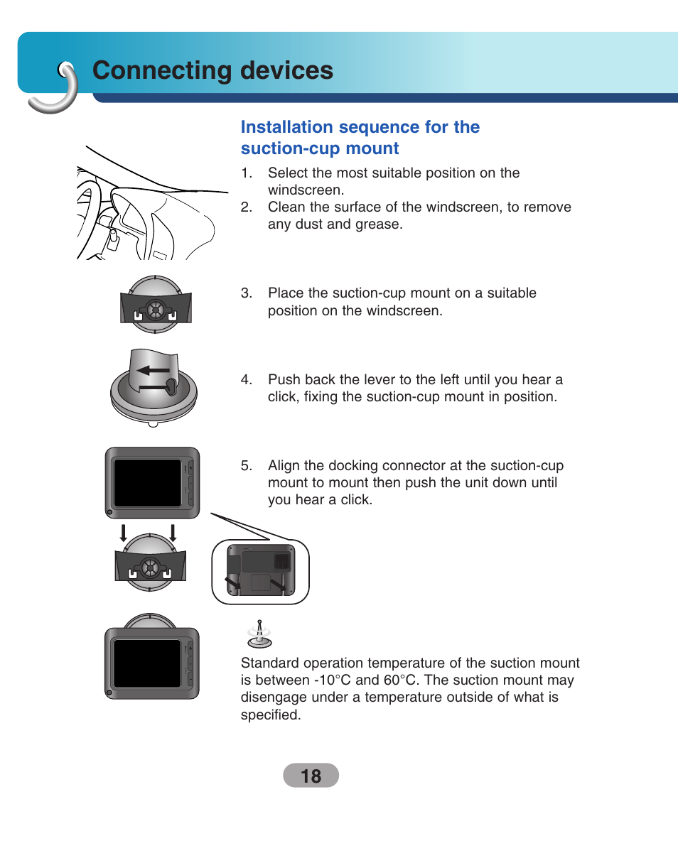 Connecting devices, Installation sequence for thesuction-cup mount | LG LN740 User Manual | Page 18 / 82