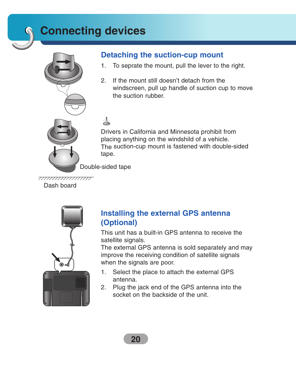Detaching the suction-cup mount, Installing the external gps antenna(optional), Connecting devices | LG LN740 User Manual | Page 20 / 82