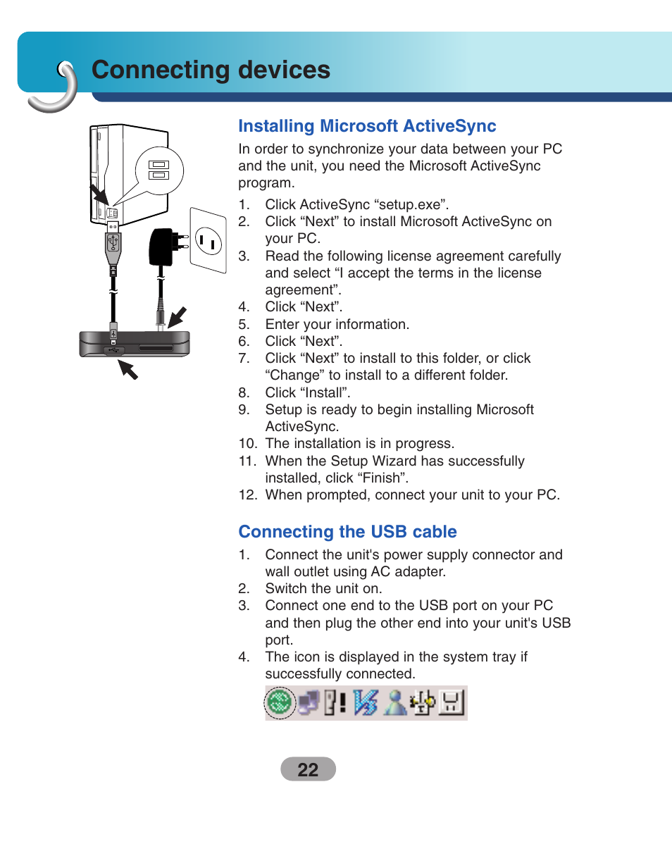 Installing microsoft activesync, Connecting the usb cable, Connecting devices | LG LN740 User Manual | Page 22 / 82