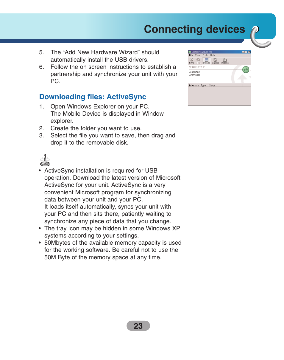 Downloading files: activesync, Connecting devices | LG LN740 User Manual | Page 23 / 82