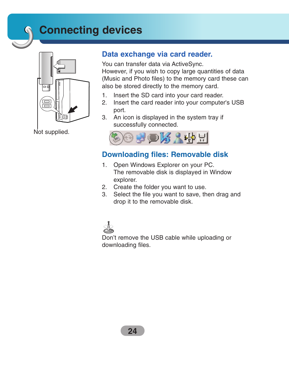 Data exchange via card reader, Downloading files: removable disk, Connecting devices | LG LN740 User Manual | Page 24 / 82