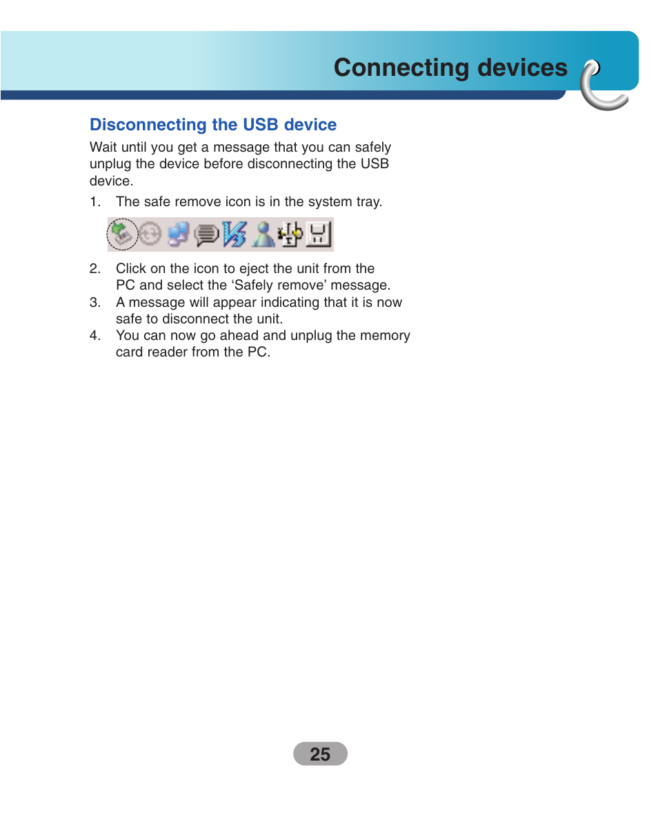 Disconnecting the usb device, Connecting devices | LG LN740 User Manual | Page 25 / 82