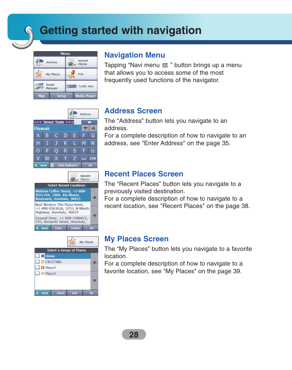 Getting started with navigation, Navigation menu, Address screen | Recent places screen, My places screen | LG LN740 User Manual | Page 28 / 82