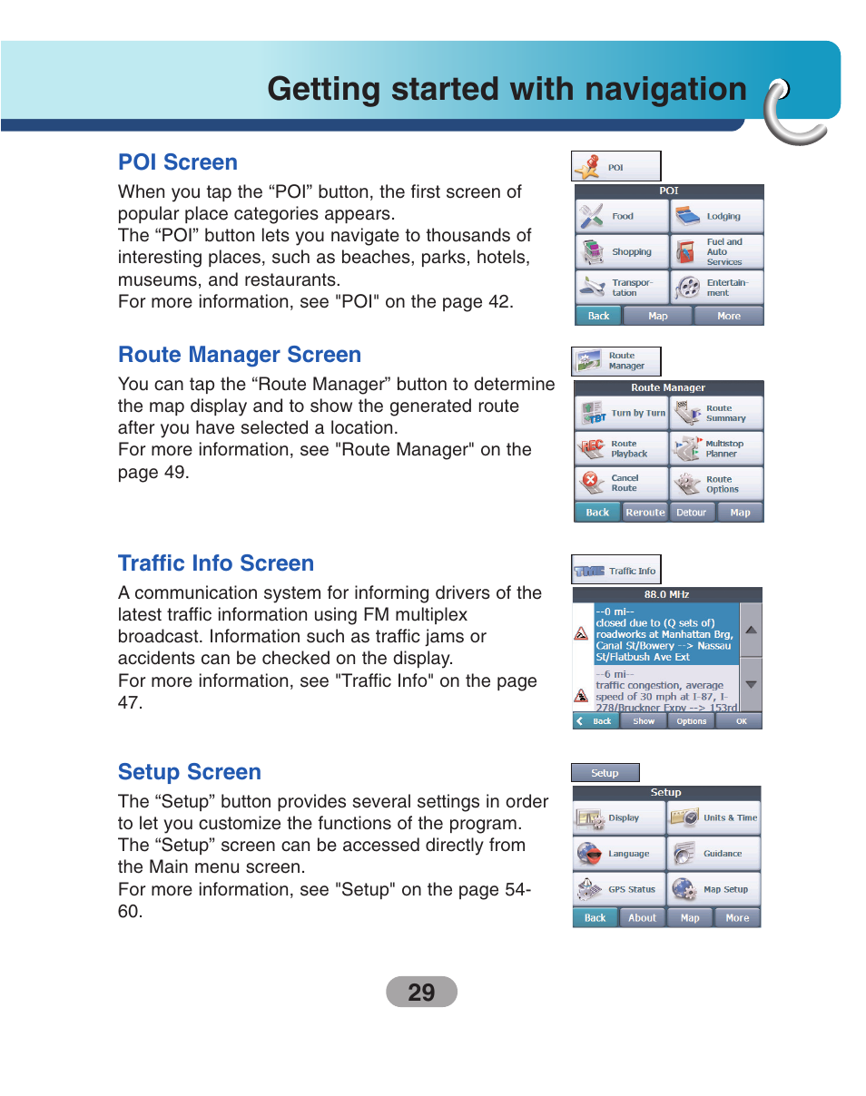 Poi screen, Route manager screen, Traffic info screen | Setup screen, Getting started with navigation | LG LN740 User Manual | Page 29 / 82