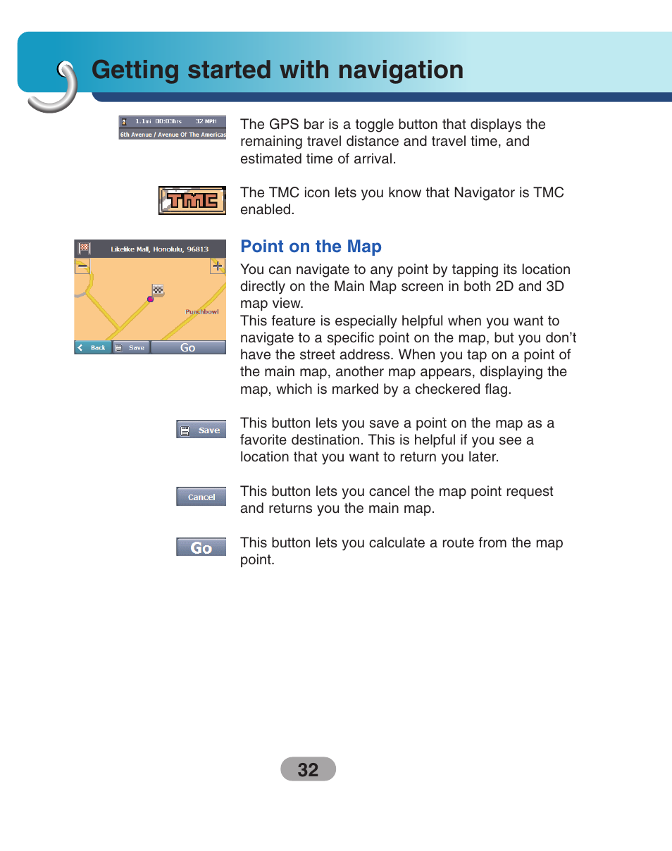 Point on the map, Getting started with navigation | LG LN740 User Manual | Page 32 / 82