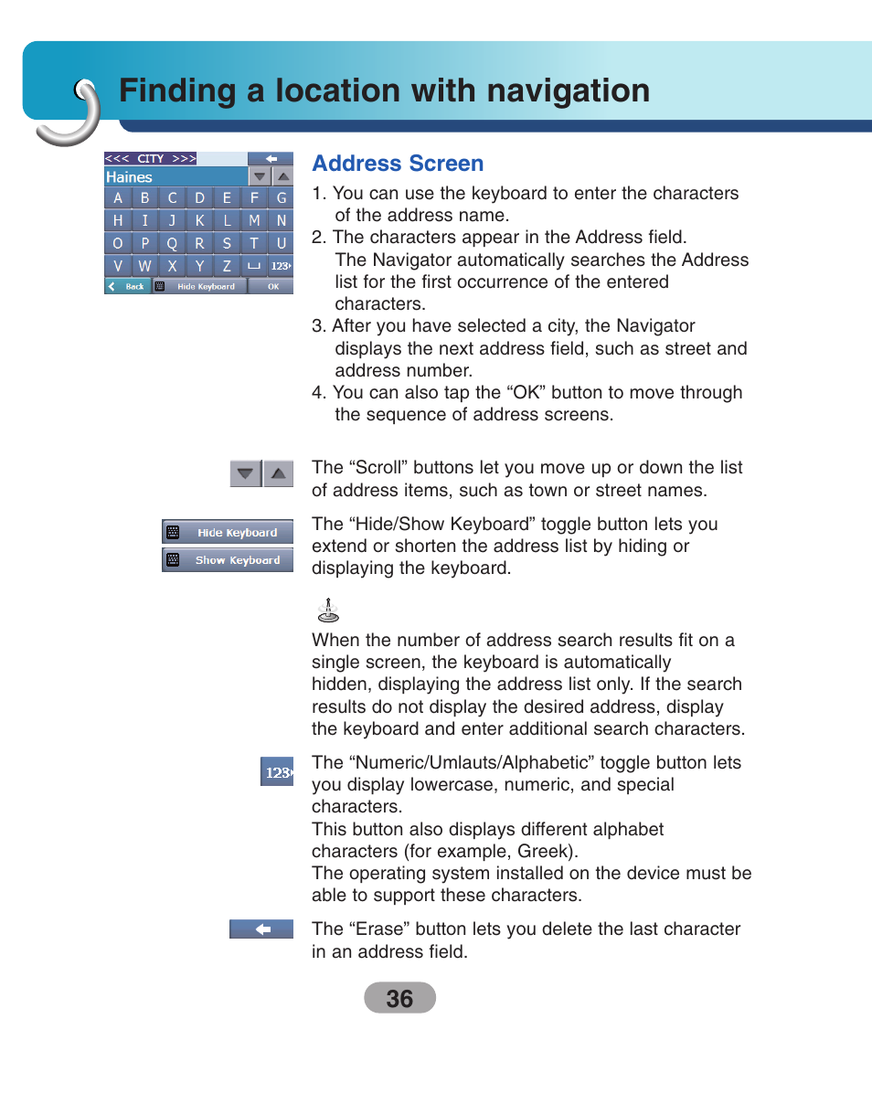 Finding a location with navigation, Address screen | LG LN740 User Manual | Page 36 / 82