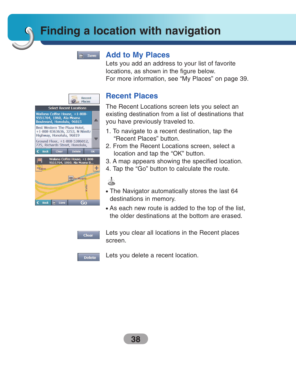 Add to my places, Recent places, Finding a location with navigation | LG LN740 User Manual | Page 38 / 82