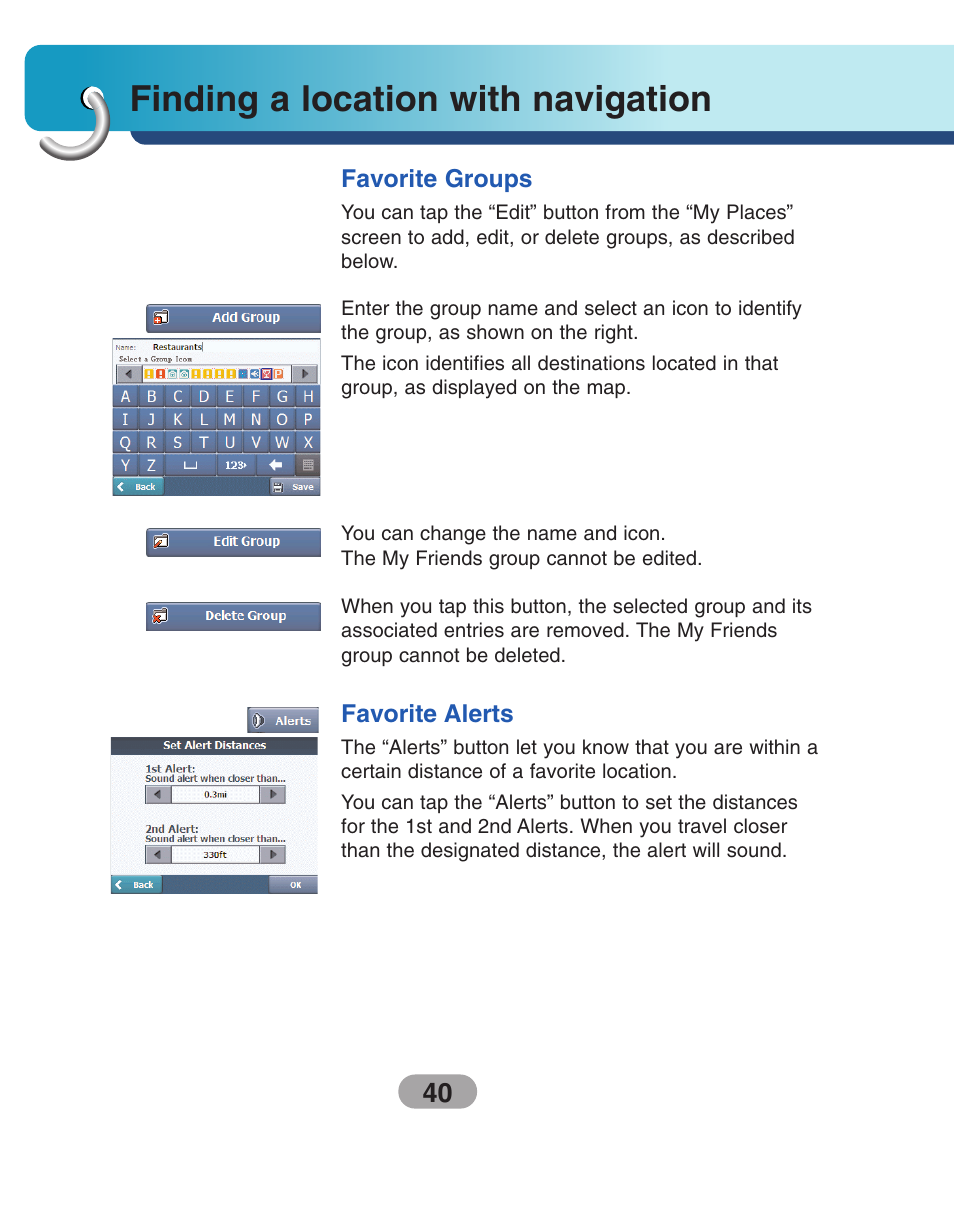 Favorite groups, Favorite alerts, Finding a location with navigation | LG LN740 User Manual | Page 40 / 82