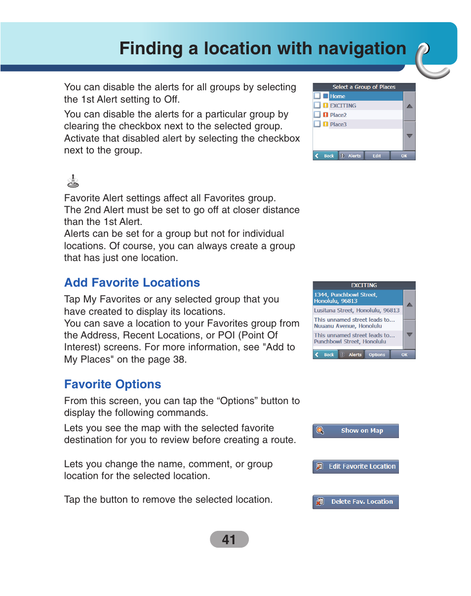 Add favorite locations, Favorite options, Finding a location with navigation | LG LN740 User Manual | Page 41 / 82
