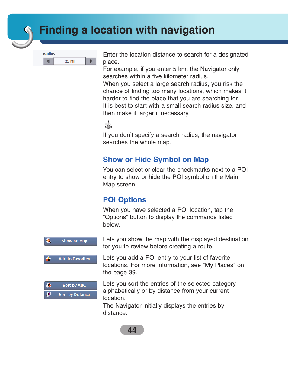 Show or hide symbol on map, Poi options, Finding a location with navigation | LG LN740 User Manual | Page 44 / 82