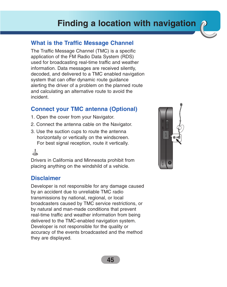 What is the traffic message channel, Connect your tmc antenna (optional), Disclaimer | Finding a location with navigation | LG LN740 User Manual | Page 45 / 82