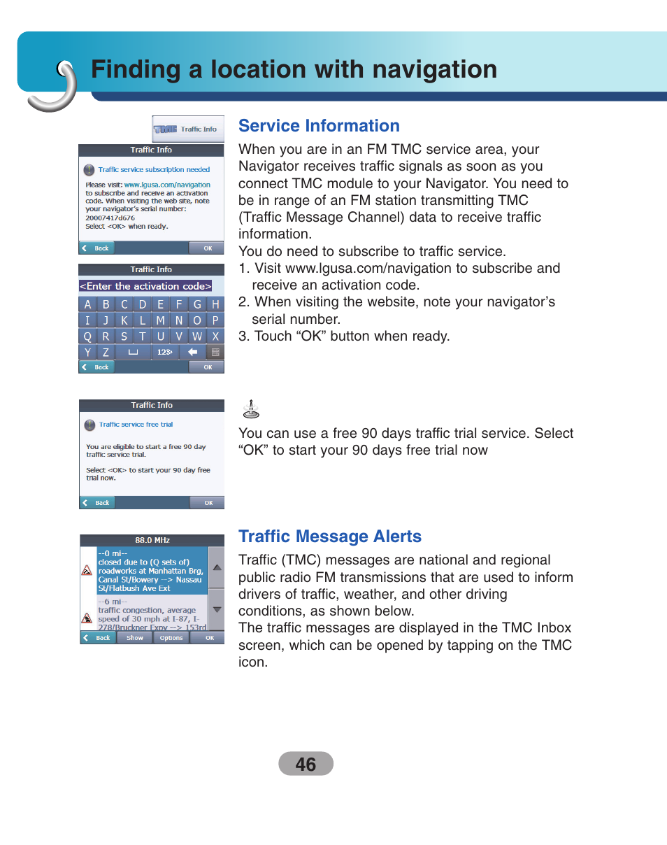 Service information, Traffic message alerts, Finding a location with navigation | LG LN740 User Manual | Page 46 / 82