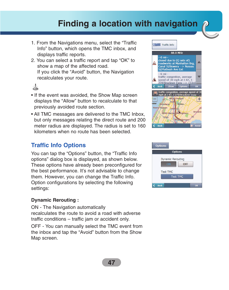 Traffic info options, Finding a location with navigation | LG LN740 User Manual | Page 47 / 82