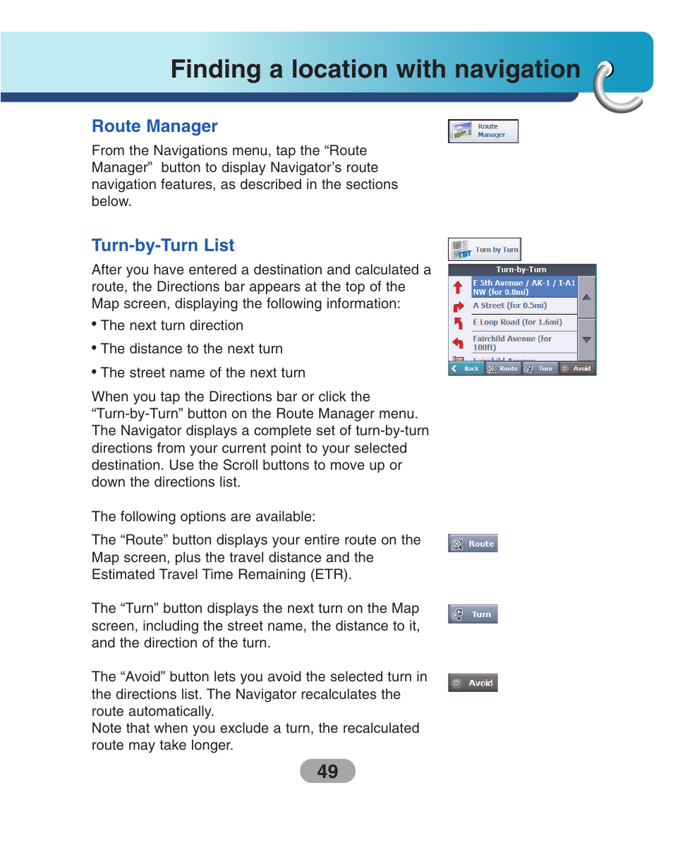 Route manager, Turn-by-turn list, Finding a location with navigation | LG LN740 User Manual | Page 49 / 82