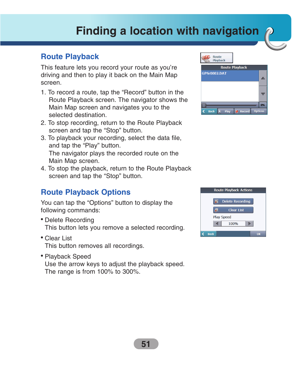 Route playback, Route playback options, Finding a location with navigation | LG LN740 User Manual | Page 51 / 82