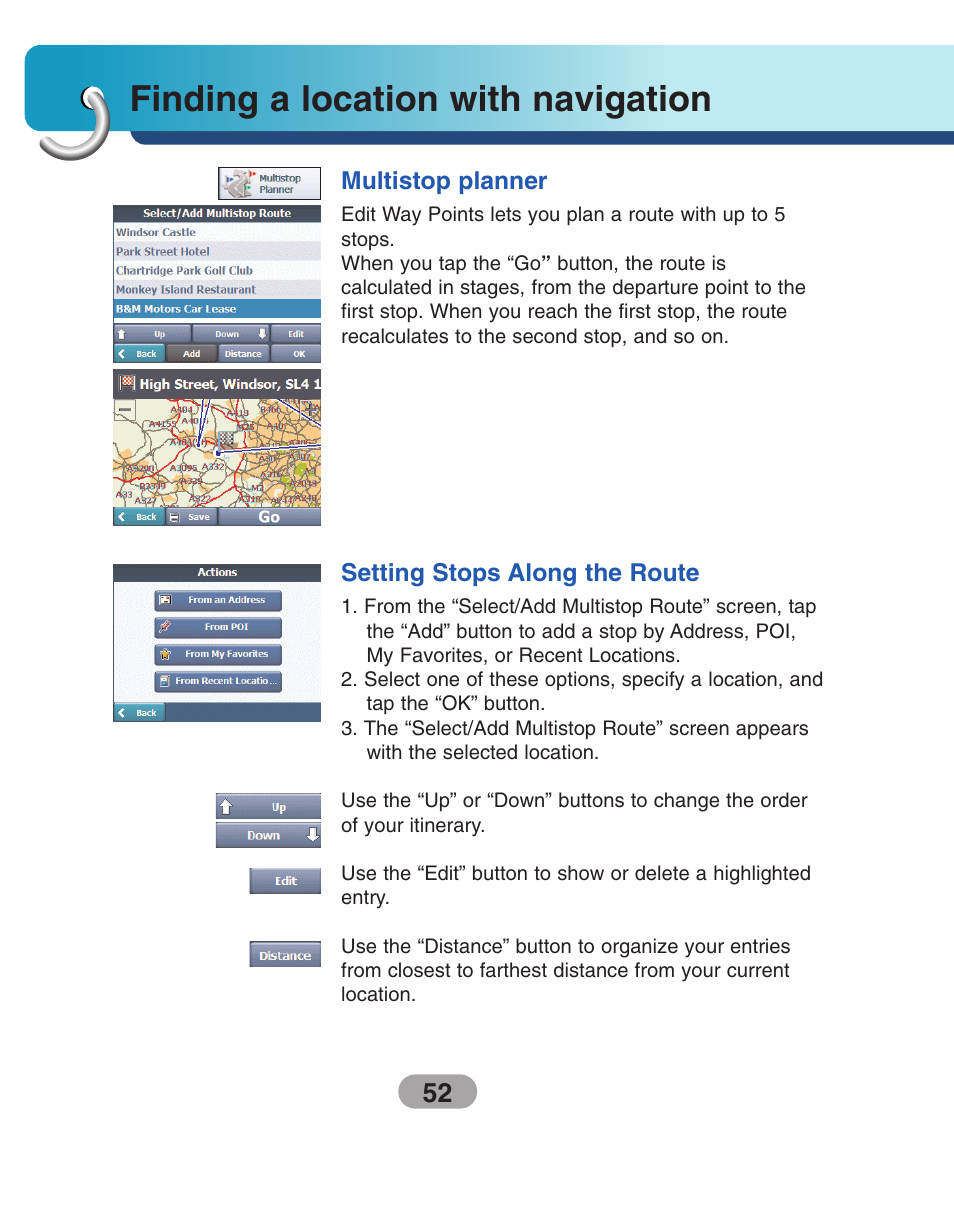 Multistop planner, Setting stops along the route, Finding a location with navigation | LG LN740 User Manual | Page 52 / 82