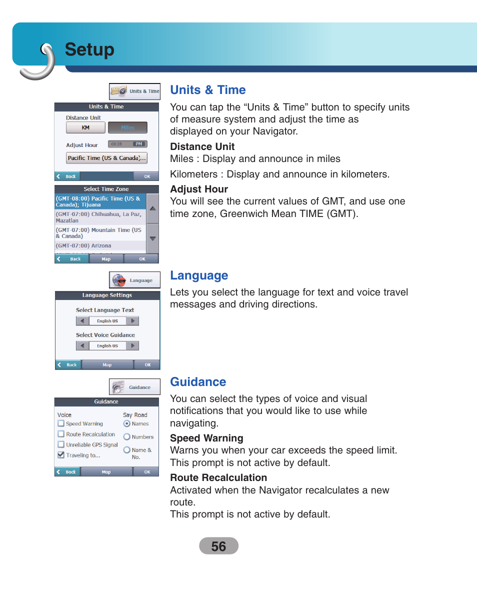 Units & time, Language, Guidance | Setup | LG LN740 User Manual | Page 56 / 82