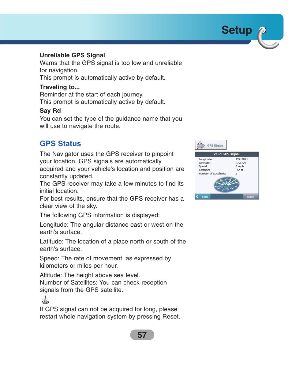 Gps status, Setup | LG LN740 User Manual | Page 57 / 82