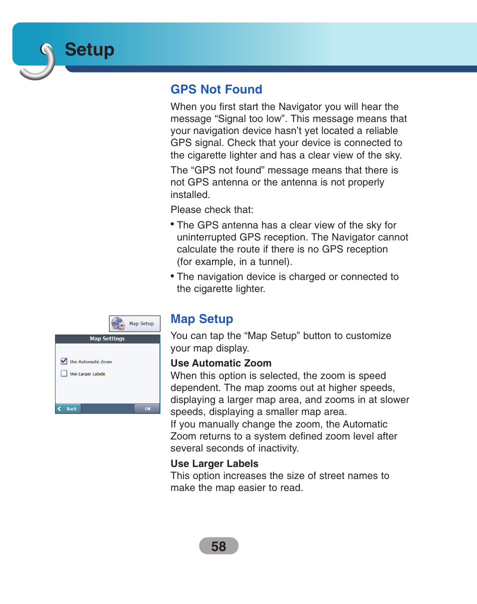 Gps not found, Map setup, Setup | LG LN740 User Manual | Page 58 / 82