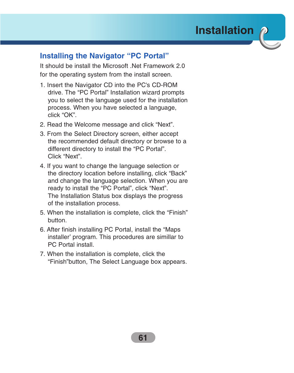 Installation, Installing the navigator “pc portal | LG LN740 User Manual | Page 61 / 82