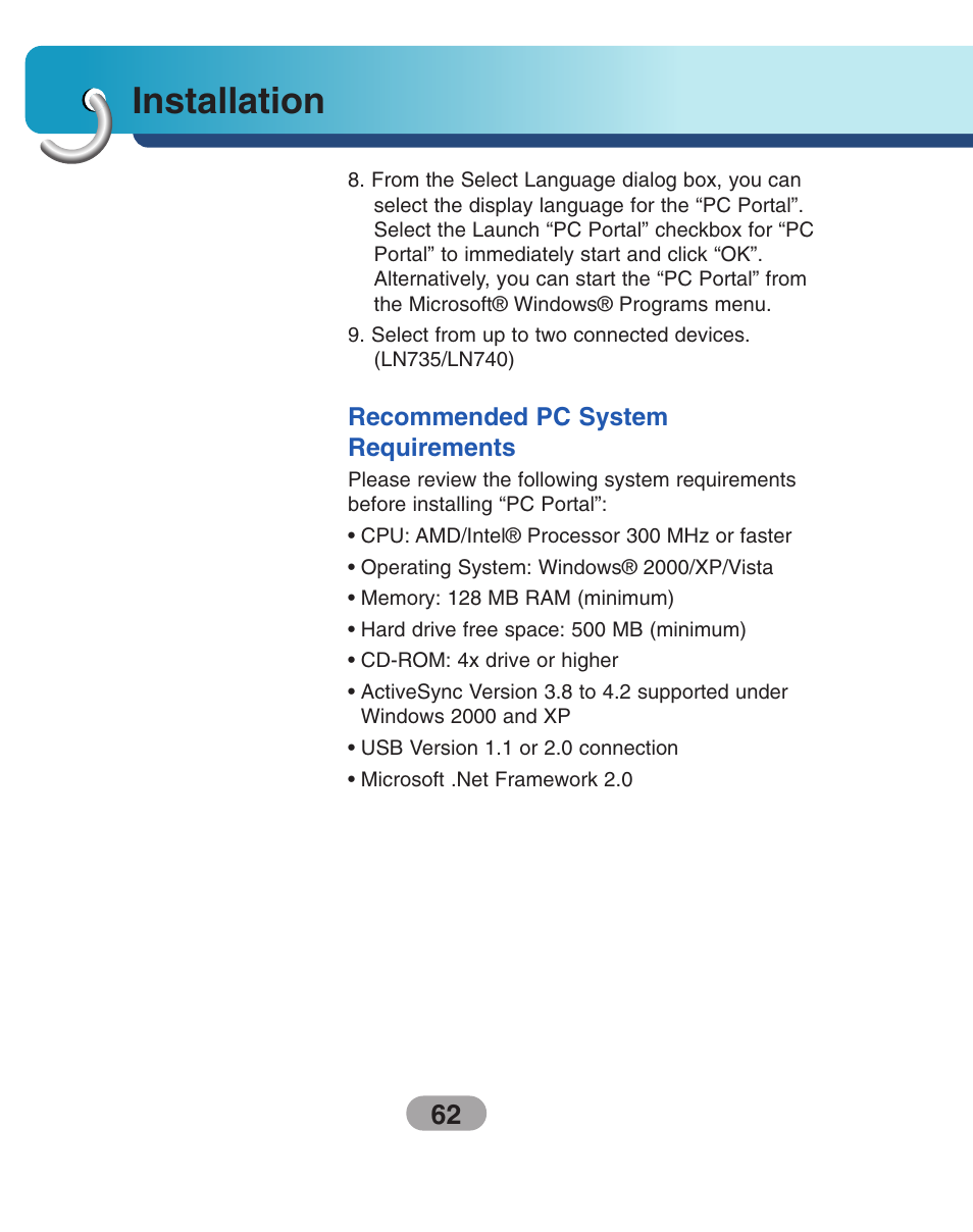 Recommended pc system requirements, Starting the “pc portal” wizard, Installation | LG LN740 User Manual | Page 62 / 82