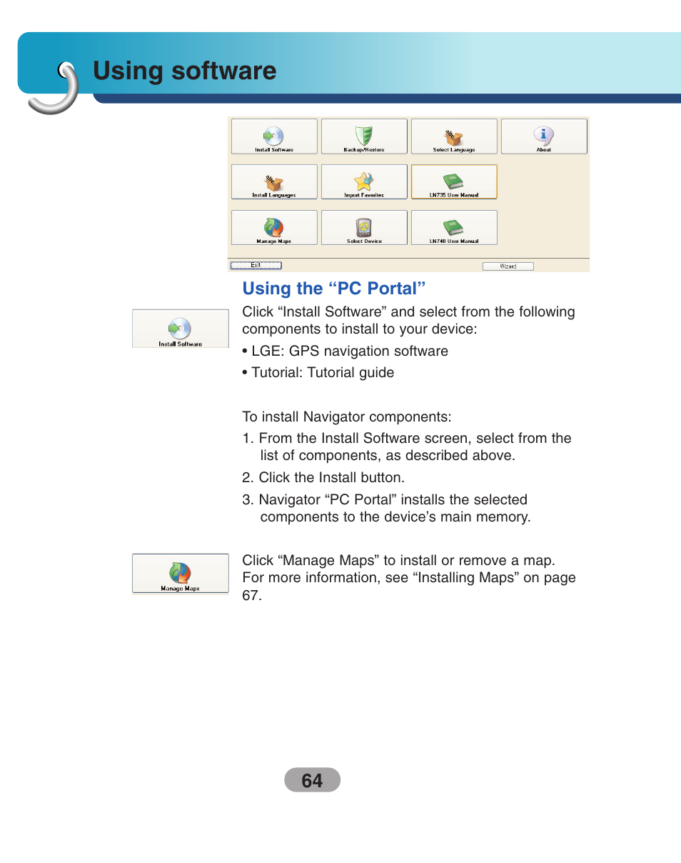 Using software, Using the “pc portal | LG LN740 User Manual | Page 64 / 82