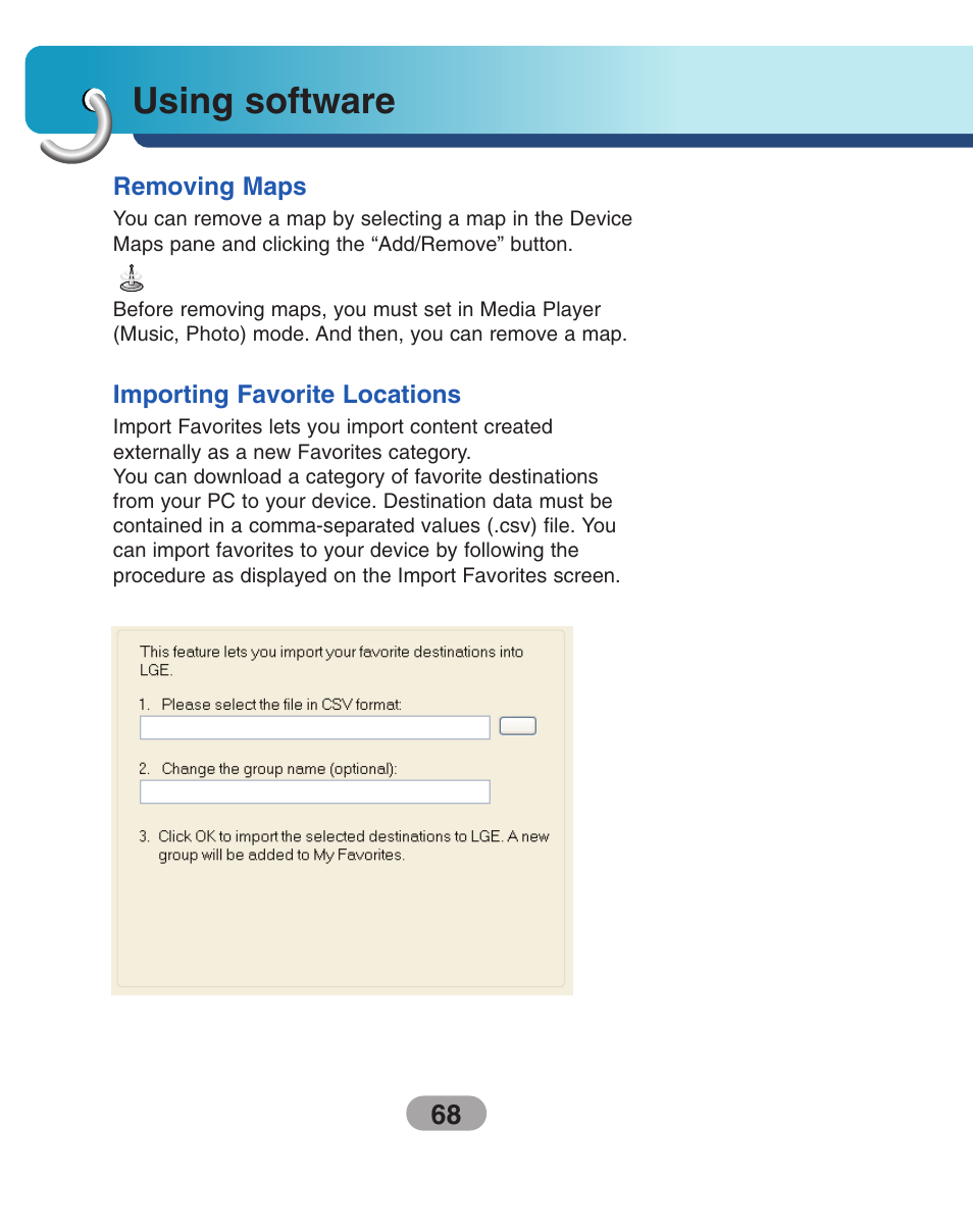 Removing maps, Importing favorite locations, Using software | LG LN740 User Manual | Page 68 / 82