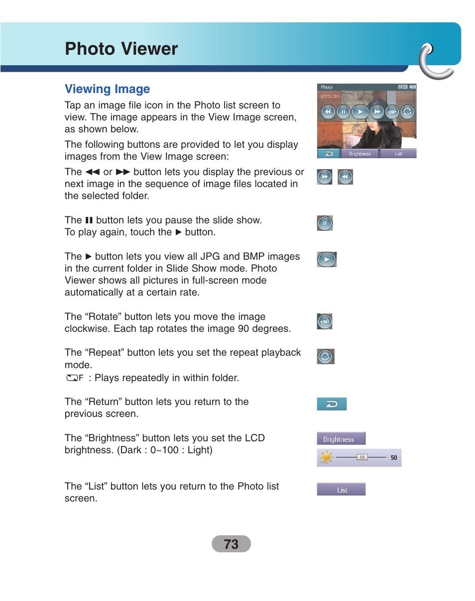 Viewing image, Photo viewer | LG LN740 User Manual | Page 73 / 82