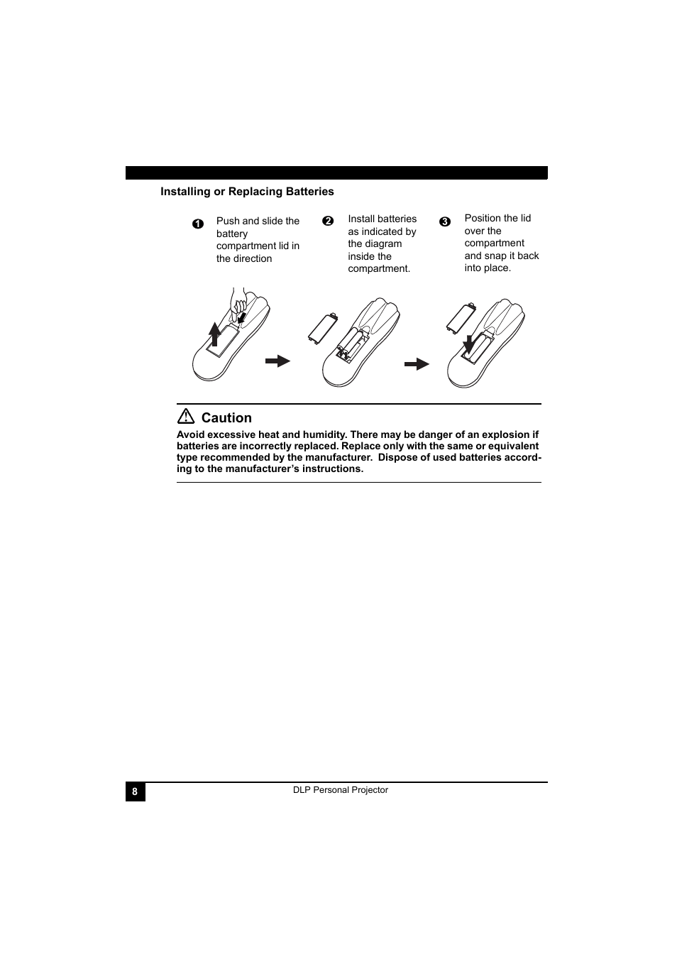 Installing or replacing batteries, Caution | LG RD-JT41 800X600 SVGA User Manual | Page 12 / 30