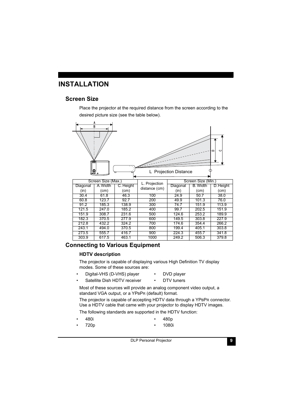 Installation, L projection distance, Hdtv description | Screen size connecting to various equipment, Screen size, Connecting to various equipment | LG RD-JT41 800X600 SVGA User Manual | Page 13 / 30