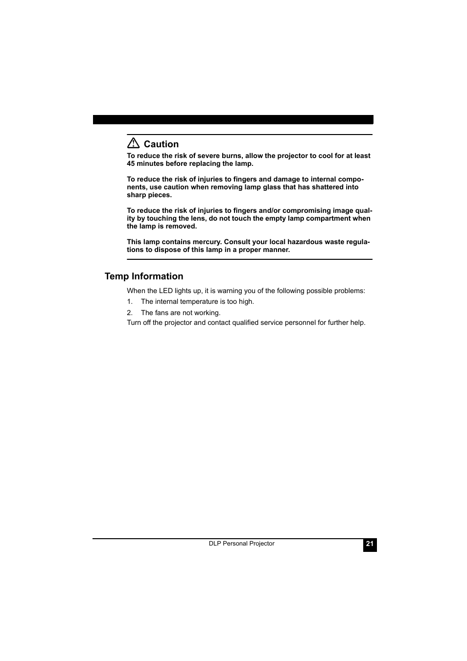 The internal temperature is too high, The fans are not working, Temp information | Caution | LG RD-JT41 800X600 SVGA User Manual | Page 25 / 30