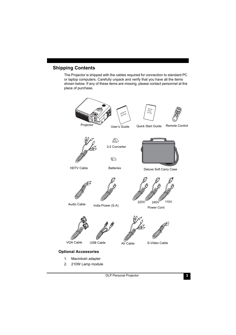 Macintosh adapter, 210w lamp module, Shipping contents | Optional accessories | LG RD-JT41 800X600 SVGA User Manual | Page 7 / 30