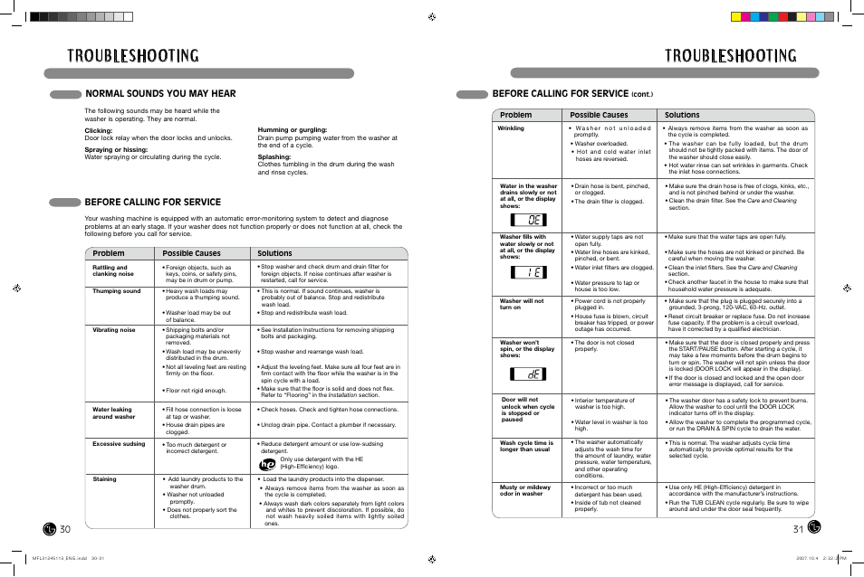 Normal sounds you may hear, Before calling for service | LG TROMM WM2455H User Manual | Page 16 / 41