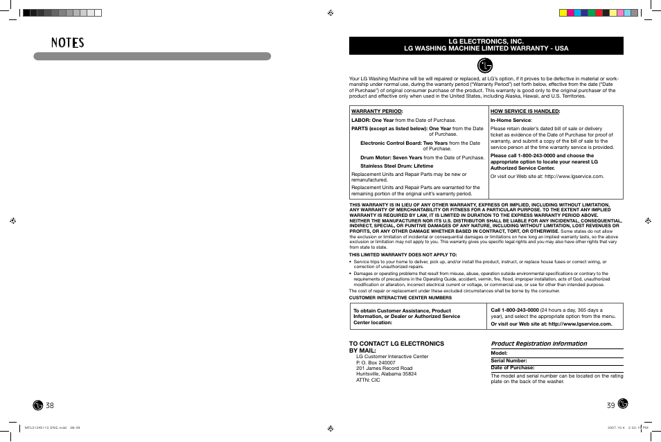 N ot e s | LG TROMM WM2455H User Manual | Page 20 / 41