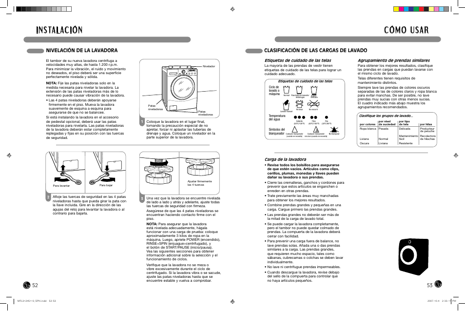 I n s ta l ac i ó n, Clasificación de las cargas de lavado, Nivelación de la lavadora | LG TROMM WM2455H User Manual | Page 27 / 41