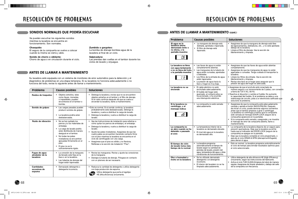 Sonidos normales que podría escuchar, Antes de llamar a mantenimiento | LG TROMM WM2455H User Manual | Page 35 / 41