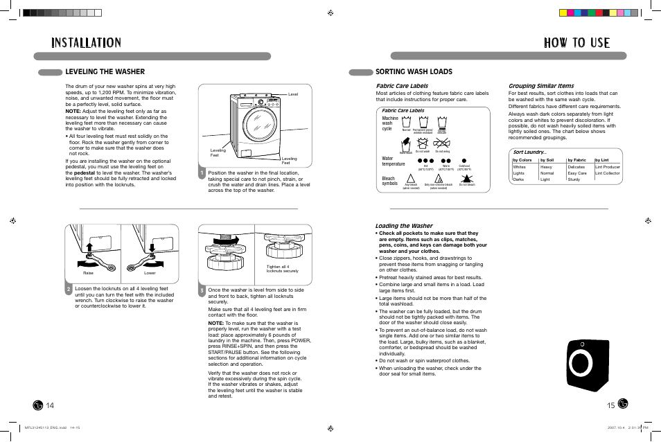 I n s ta l l at i o n, H o w to u s e, Sorting wash loads | Leveling the washer | LG TROMM WM2455H User Manual | Page 8 / 41