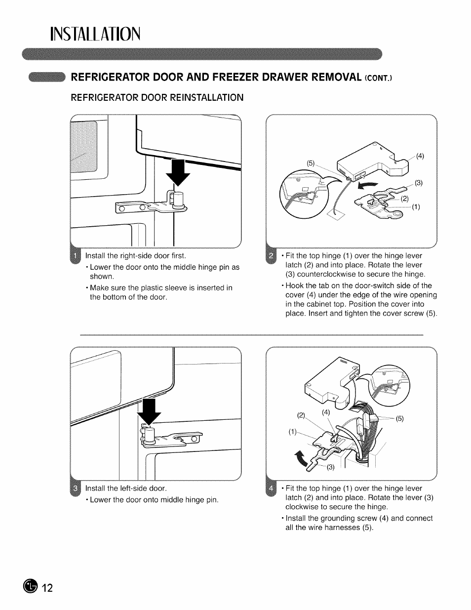 Installation, Refrigerator door and freezer drawer removal | LG LMX28988 User Manual | Page 12 / 51
