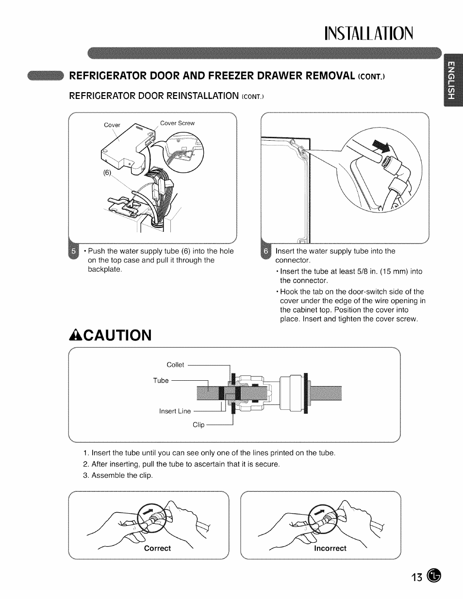 Installation, Acaution, Refrigerator door and freezer drawer removal | LG LMX28988 User Manual | Page 13 / 51