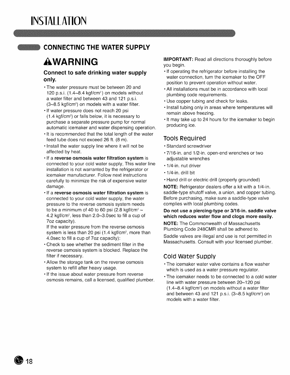 Connecting the water supply, Connect to safe drinking water supply only, Installation | Awarning | LG LMX28988 User Manual | Page 18 / 51