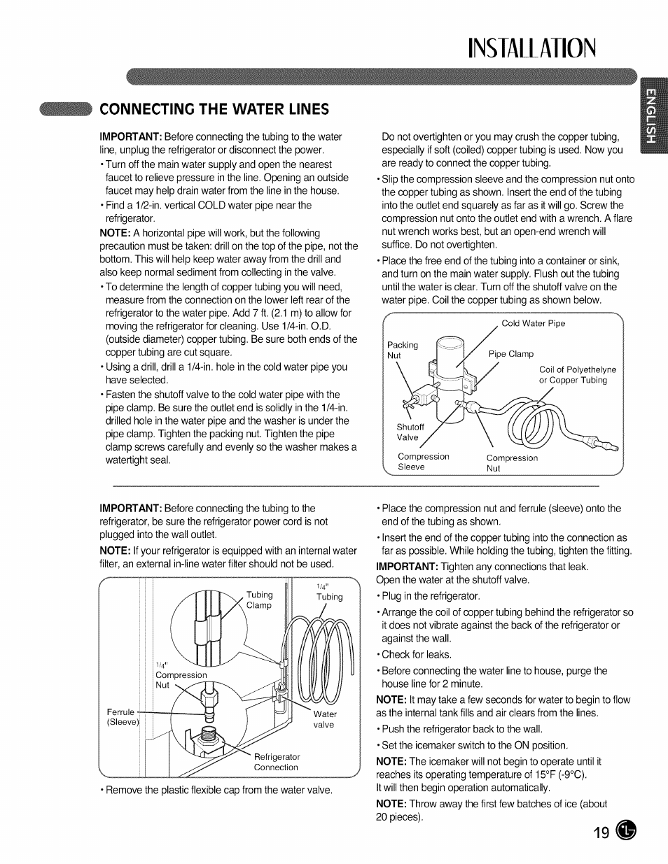 Connecting the water lines, Installation | LG LMX28988 User Manual | Page 19 / 51