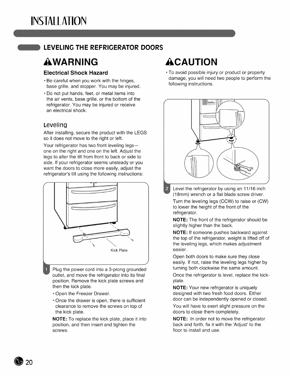 Leveling the refrigerator doors, Electrical shock hazard, Installation | Awarning acaution | LG LMX28988 User Manual | Page 20 / 51