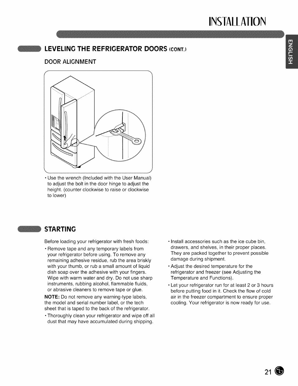 Starting, Installation, Leveling the refrigerator doors | LG LMX28988 User Manual | Page 21 / 51