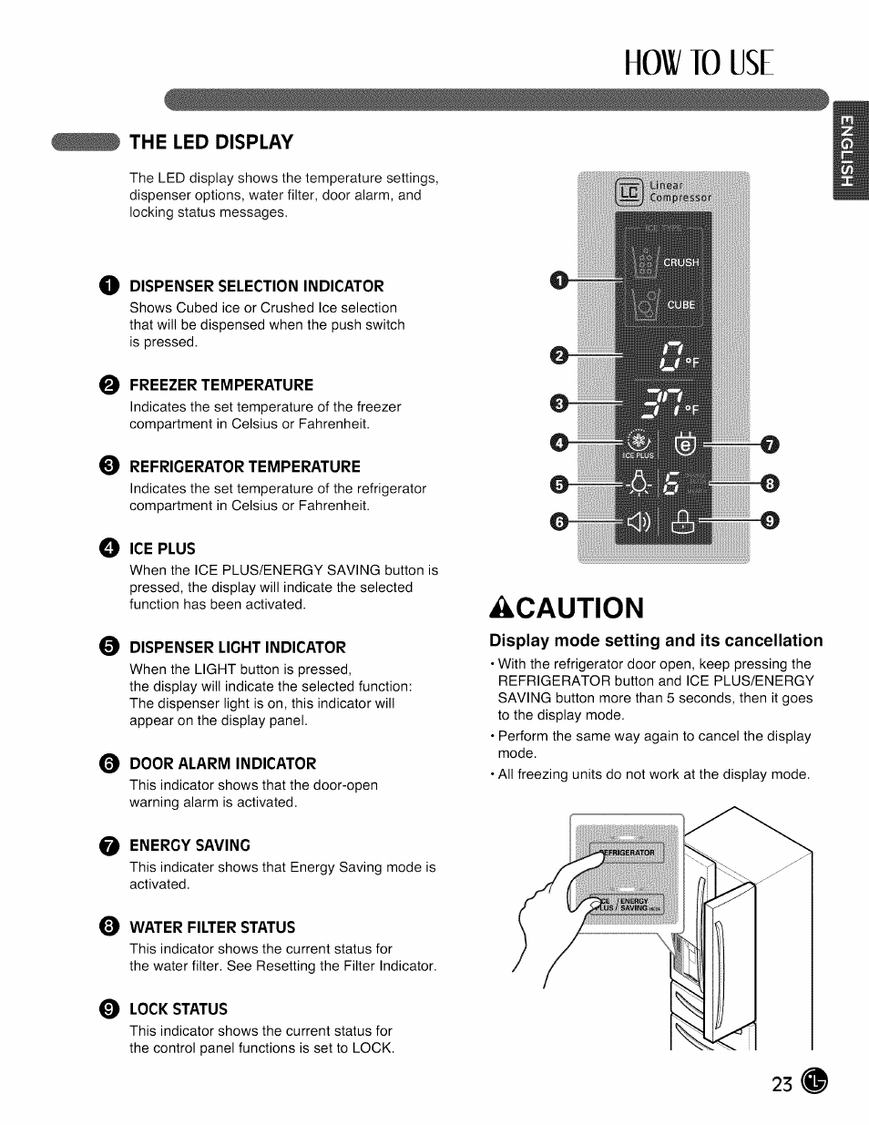 The led display, O dispenser selection indicator, 0 freezer temperature | 0 refrigerator temperature, O ice plus, 0 dispenser light indicator, 0 door alarm indicator, 0 energy saving, 0 water filter status, Lock status | LG LMX28988 User Manual | Page 23 / 51