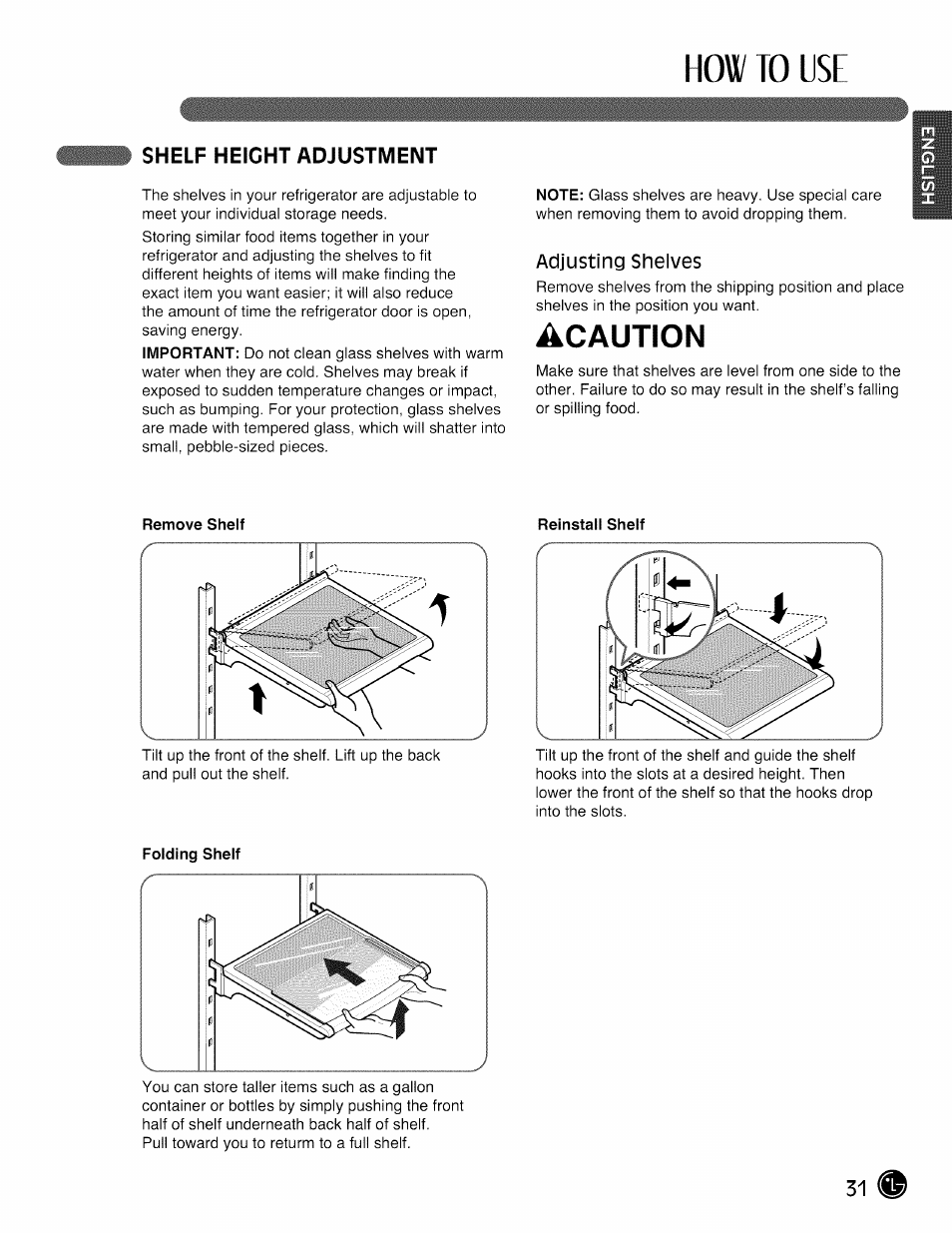 Shelf height adjustment, How to use, Acaution | LG LMX28988 User Manual | Page 31 / 51